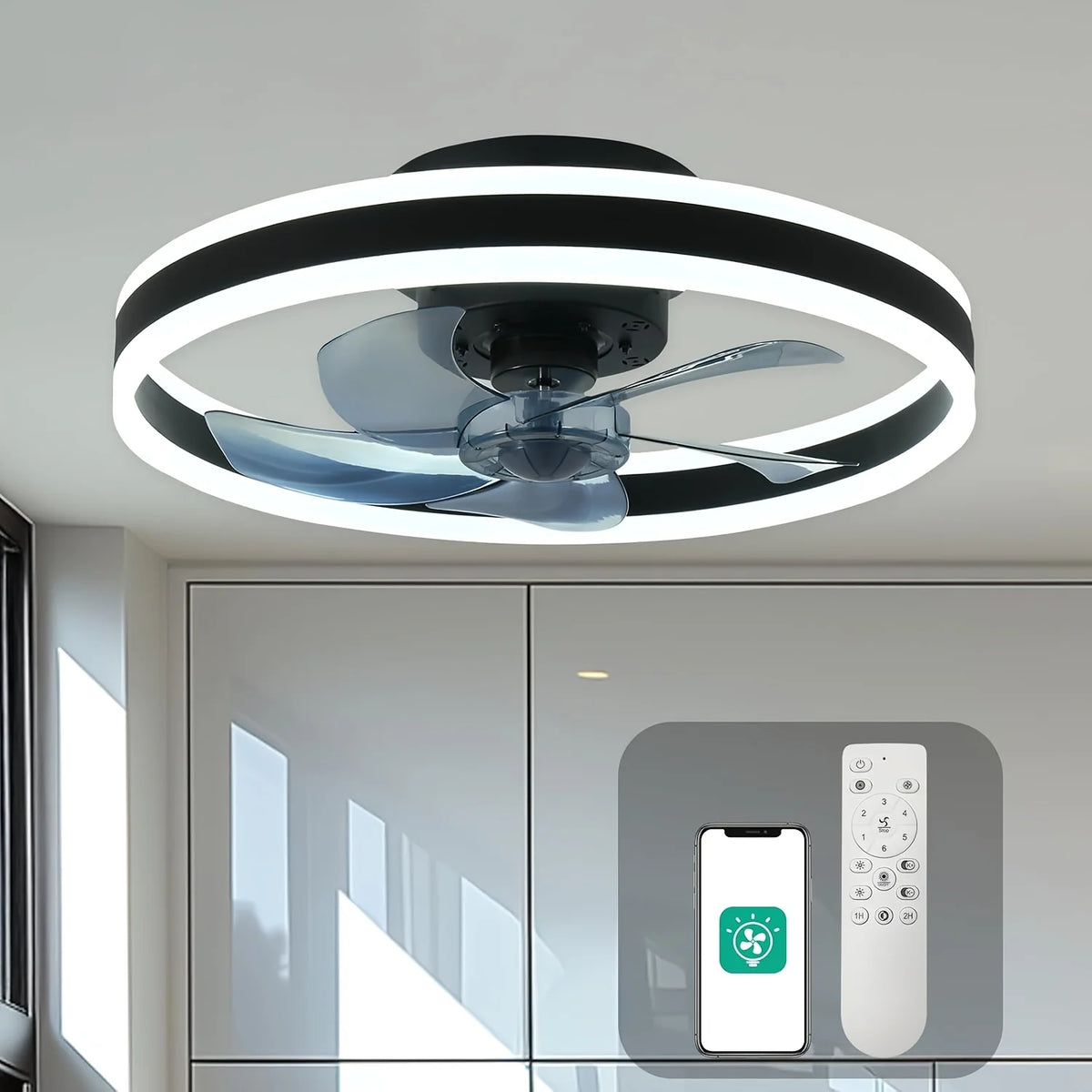 Orison Modern Flush Mount Ceiling Fan With Remote Dimmable LED