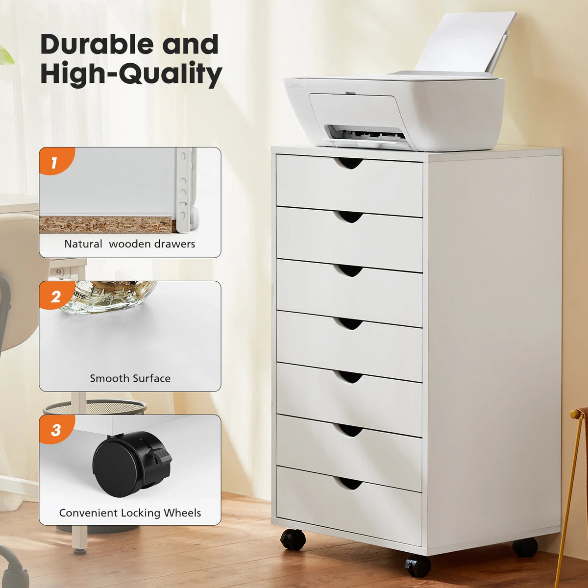 JHK Wooden Dresser Storage Cabinet With Seven Drawers And Wheels