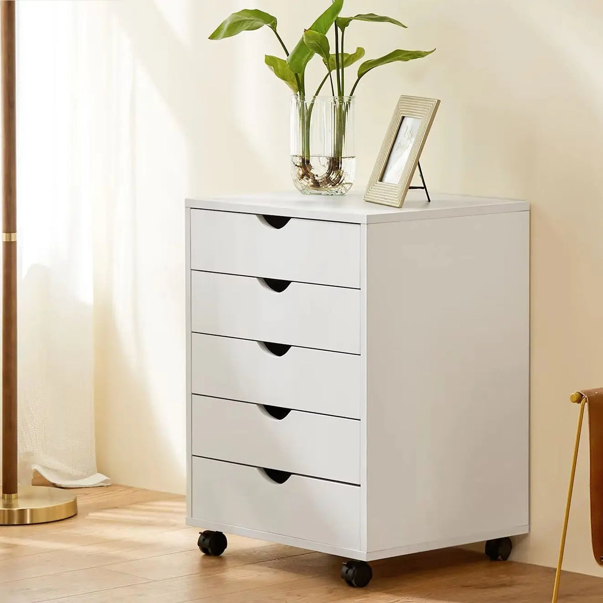 JHK Wood Nightstand Cabinet With Five Drawers And Rolling Storage