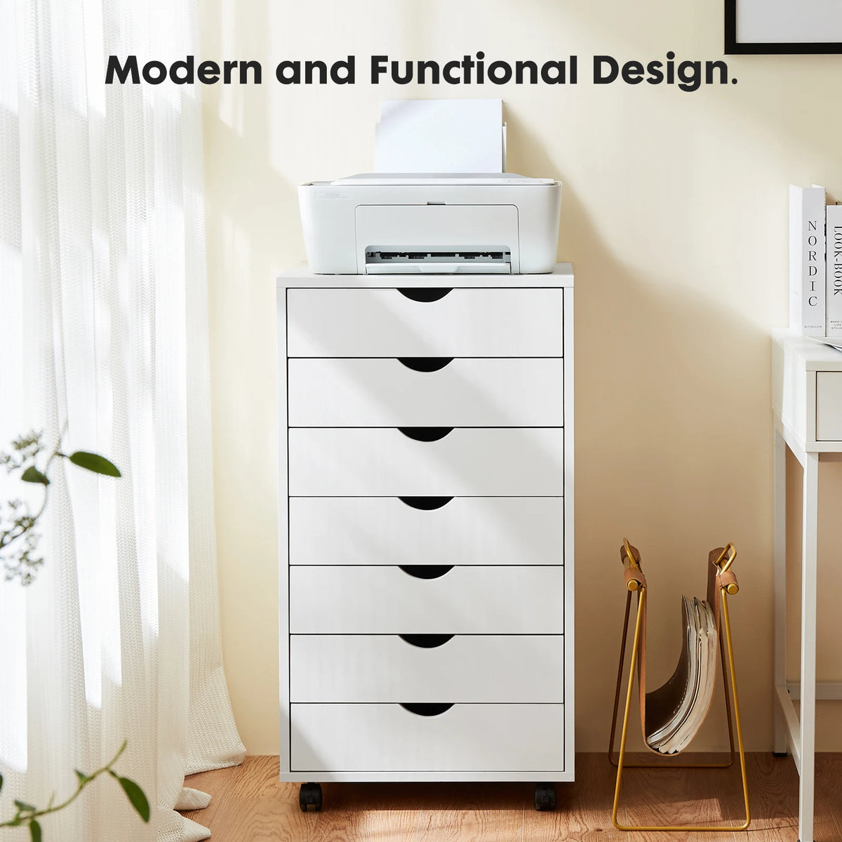 JHK Wooden Dresser Storage Cabinet With Seven Drawers And Wheels