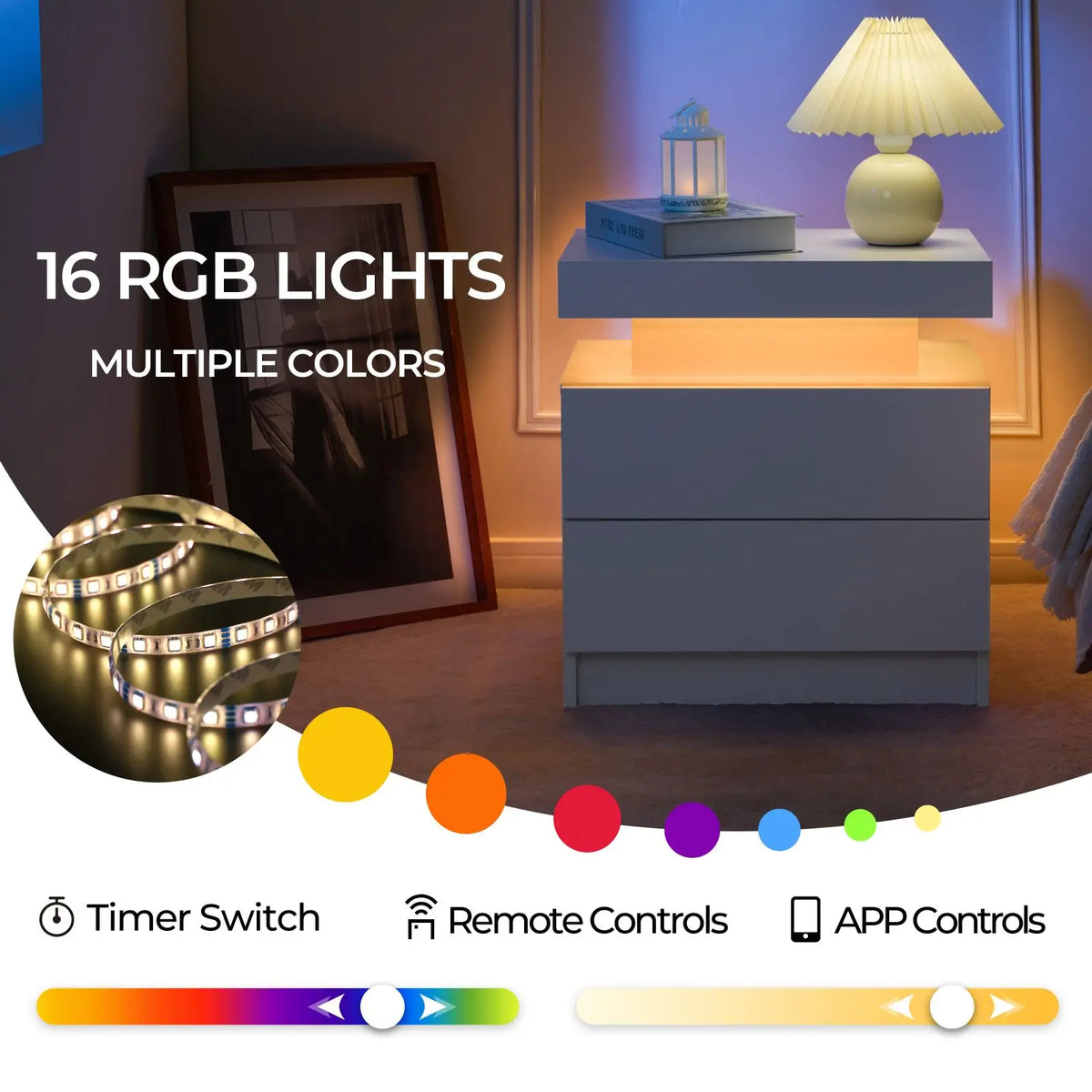 Cubehom LED Nightstand Set of Two with Drawers for Bedroom