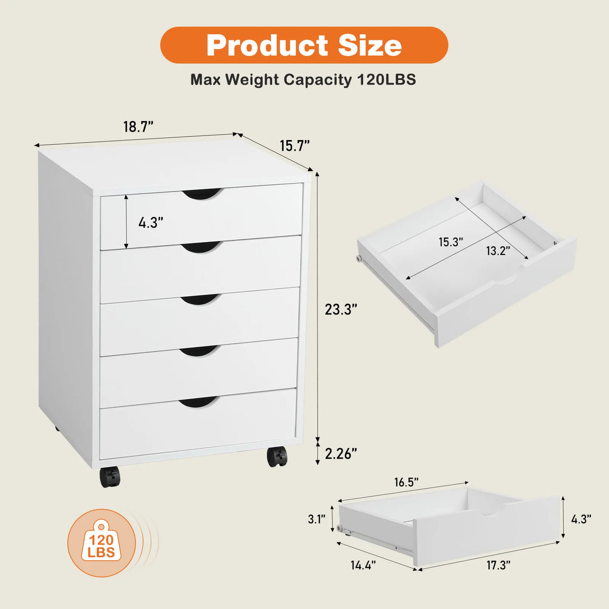 JHK Wood Nightstand Cabinet With Five Drawers And Rolling Storage